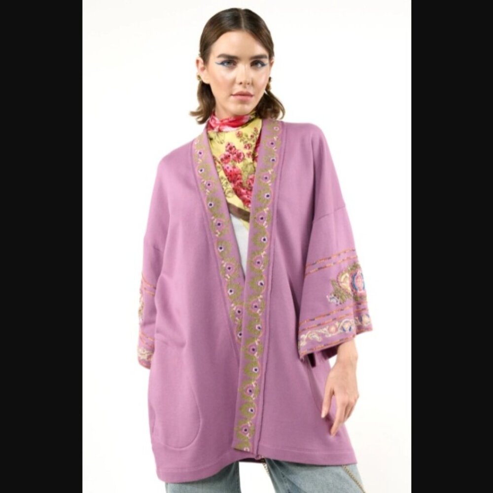 Aratta Juliette Embellished French Terry Kimono in Purple One Size NWT (B5-8)